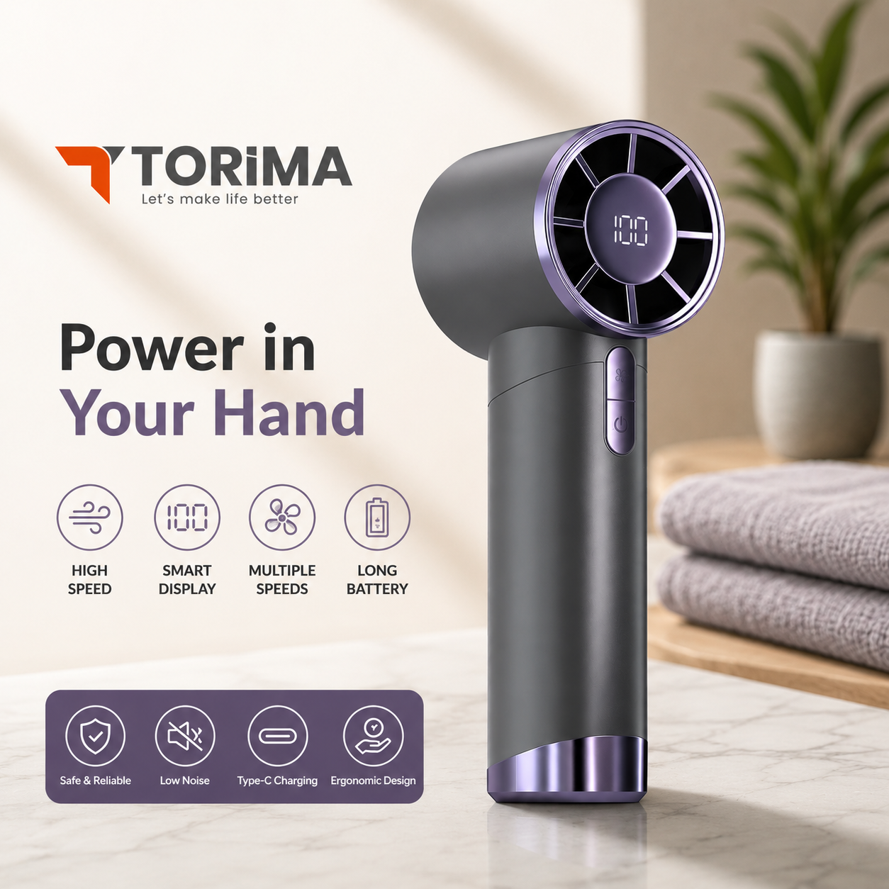 TORIMA F-35 Portable Turbo Handheld Fan – 100 Speed Levels | Digital Display | USB Type-C Rechargeable