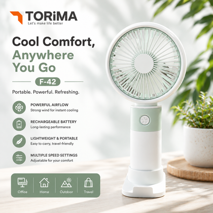 TORIMA F-42 Rechargeable Portable Handheld Fan | 4-Speed Personal Cooling Fan | USB-C Fast Charging | Desktop & Travel Fan