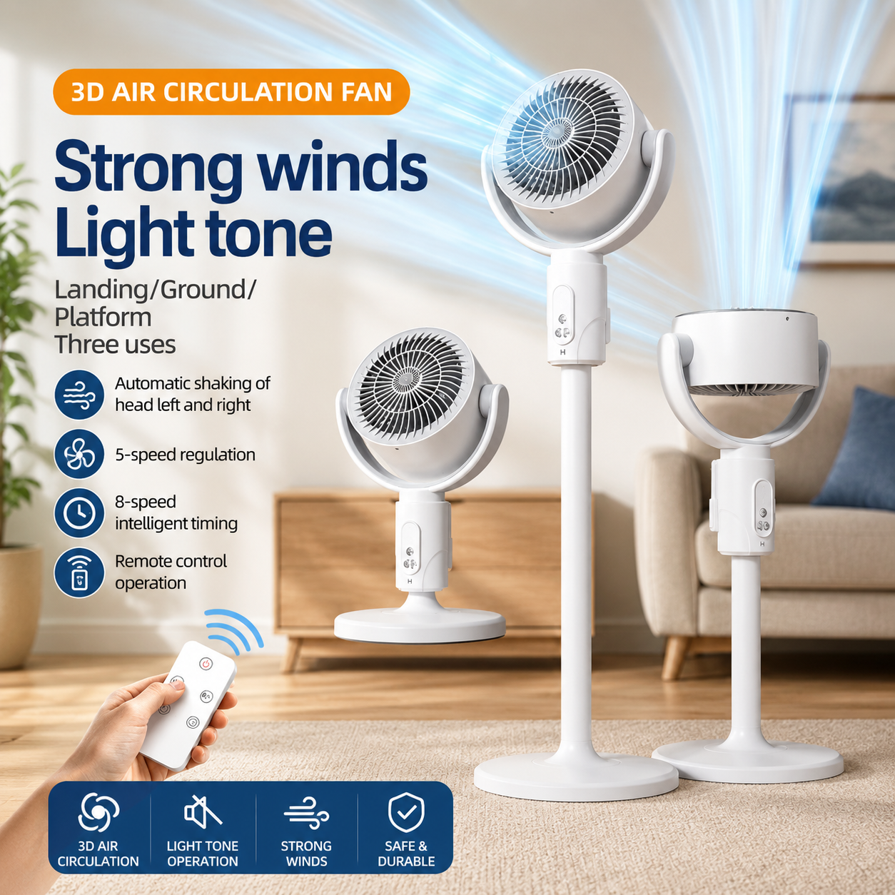 Torima F1 Air Fan, Portable, Rechargeable, Adjustable Height, Remote Control, 5 Speed Settings, Quiet Cooling & USB Type-C Charging, White