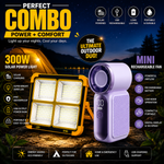 Combo Deal | 300W Solar Powered LED Flood Light + Mini Rechargeable Portable Fan 688  | IP66 Waterproof | Outdoor & Emergency Kit