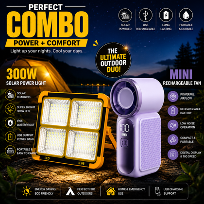 Combo Deal | 300W Solar Powered LED Flood Light + Mini Rechargeable Portable Fan 688  | IP66 Waterproof | Outdoor & Emergency Kit