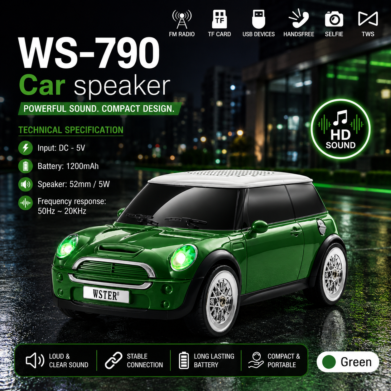 WSTER WS-790 Car Bluetooth Speaker | Portable Wireless Speaker | FM Radio | TF Card | USB | TWS Stereo | Hands-Free Calling