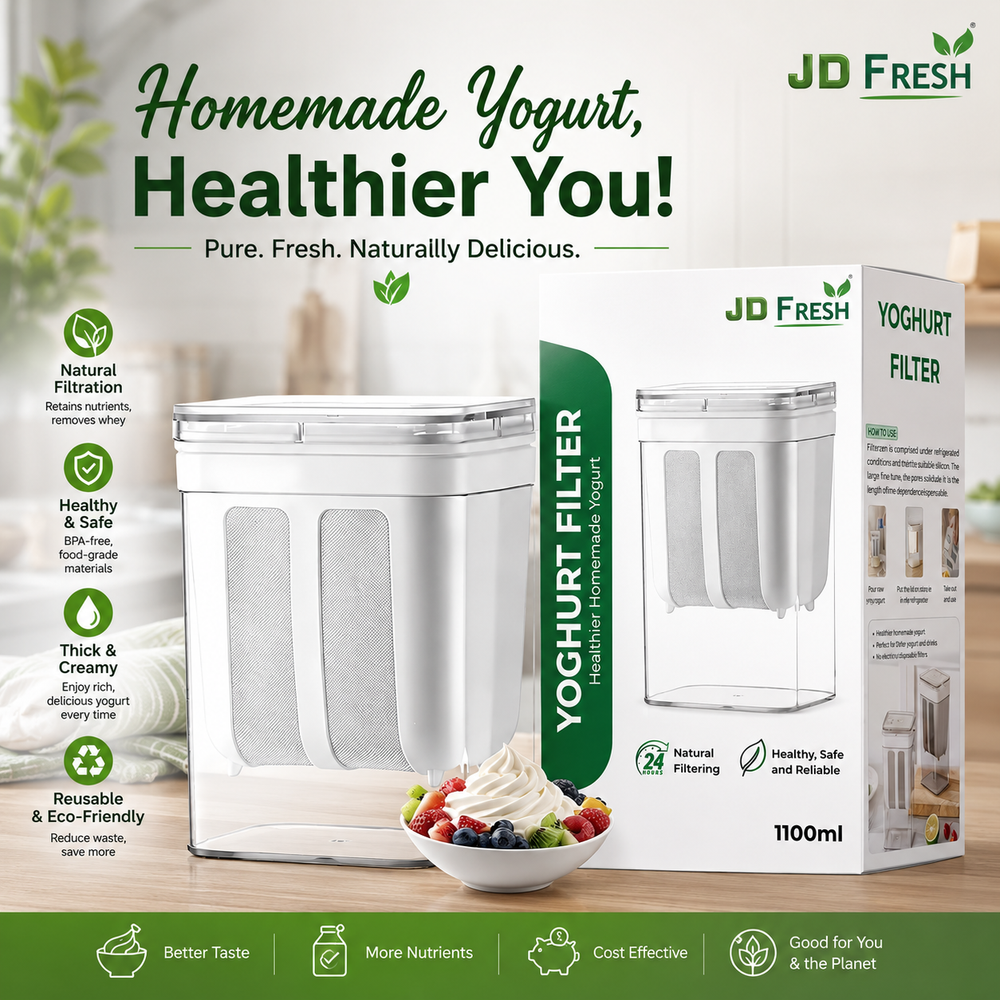 JD FRESH 1100ML Greek Yogurt & Curd Maker/Fine Mesh Strainer with Lid/Home Essentials/Hung Curd/Perfect for Homemade Yogurt/Whey Separator/Curd/Cheese & More 10.5x10.5x18.5 Cm,White