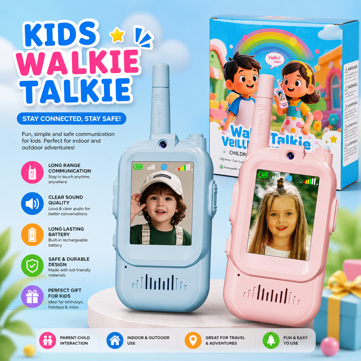 2 pc Set | Kids Video Walkie Talkie with HD Screen | Long Range Rechargeable Two-Way Communication Toy