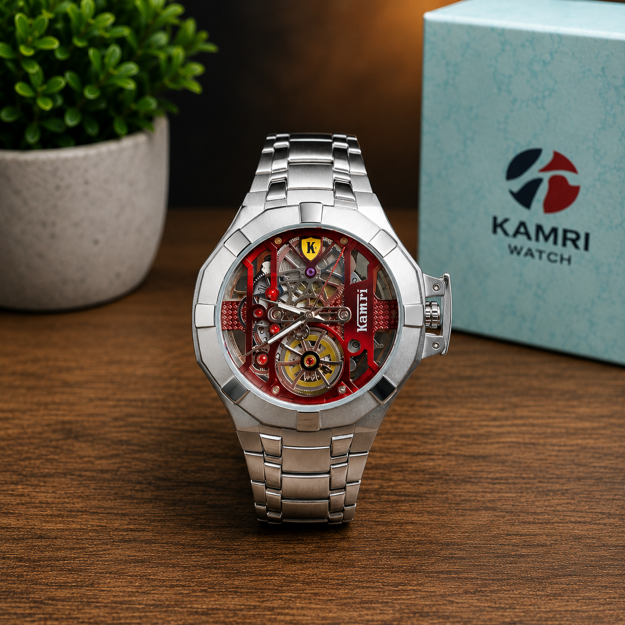 KAMRI Luxury Skeleton Men's Mechanical Watch – Stainless Steel Waterproof Wristwatch
