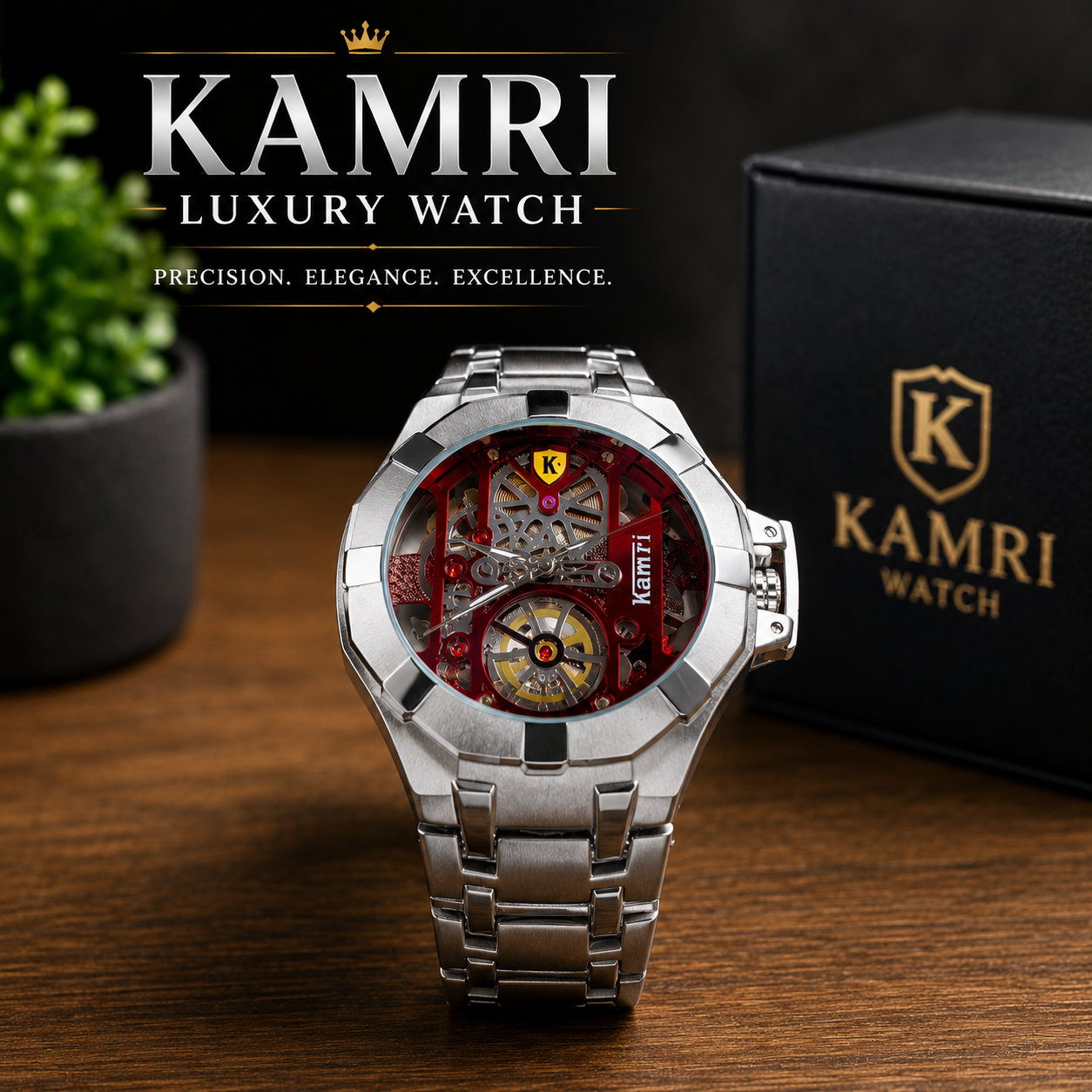 KAMRI Luxury Skeleton Men's Mechanical Watch – Stainless Steel Waterproof Wristwatch