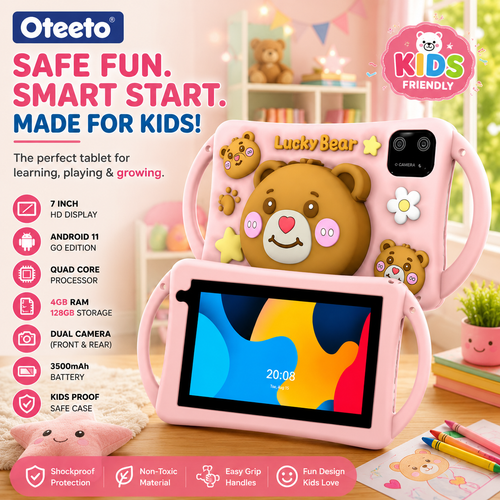 Oteeto K6 Kids Tablet, 7 inch Display, 128GB Storage, 6GB RAM, 3500mAh Battery, Lucky Bear Case