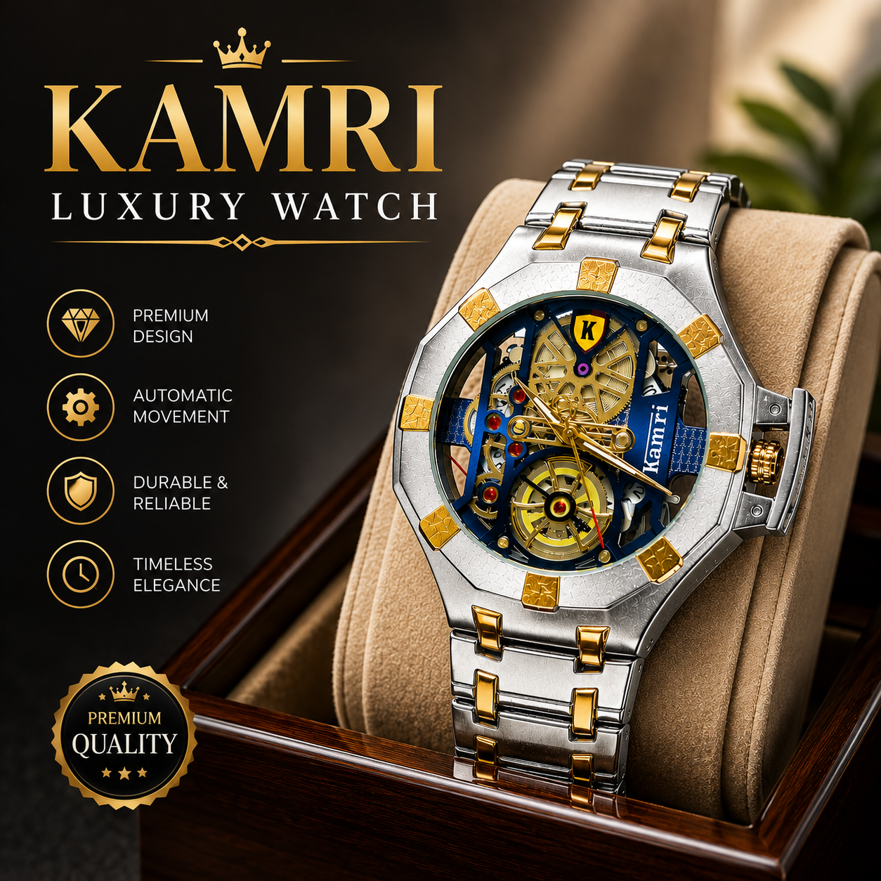 KAMRI Luxury Skeleton Men's Mechanical Watch – Stainless Steel Waterproof Wristwatch