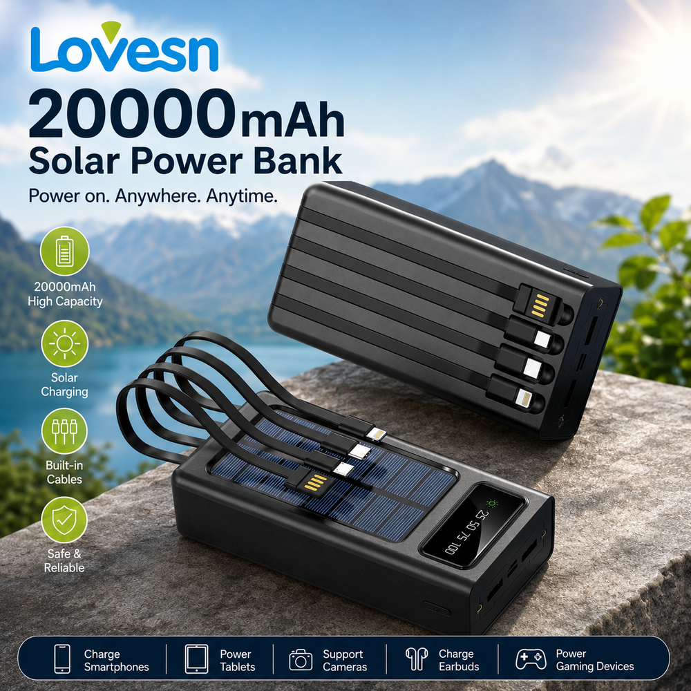 Lovesn 20000mAh Solar Power Bank with Built-in 4 Charging Cables, LED Display & Fast Charging – Portable Outdoor Battery Pack