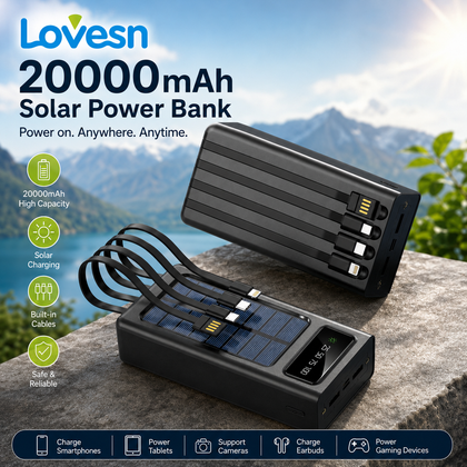 Lovesn 20000mAh Solar Power Bank with Built-in 4 Charging Cables, LED Display & Fast Charging – Portable Outdoor Battery Pack