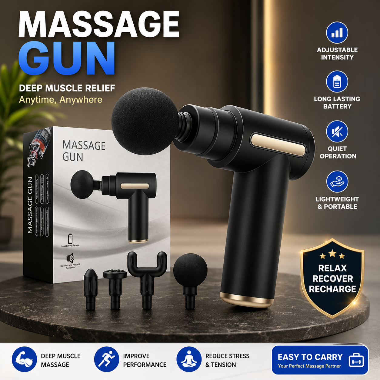 Mini Handheld Massage Gun with 4 Massage Heads – Portable Deep Tissue Muscle Massager