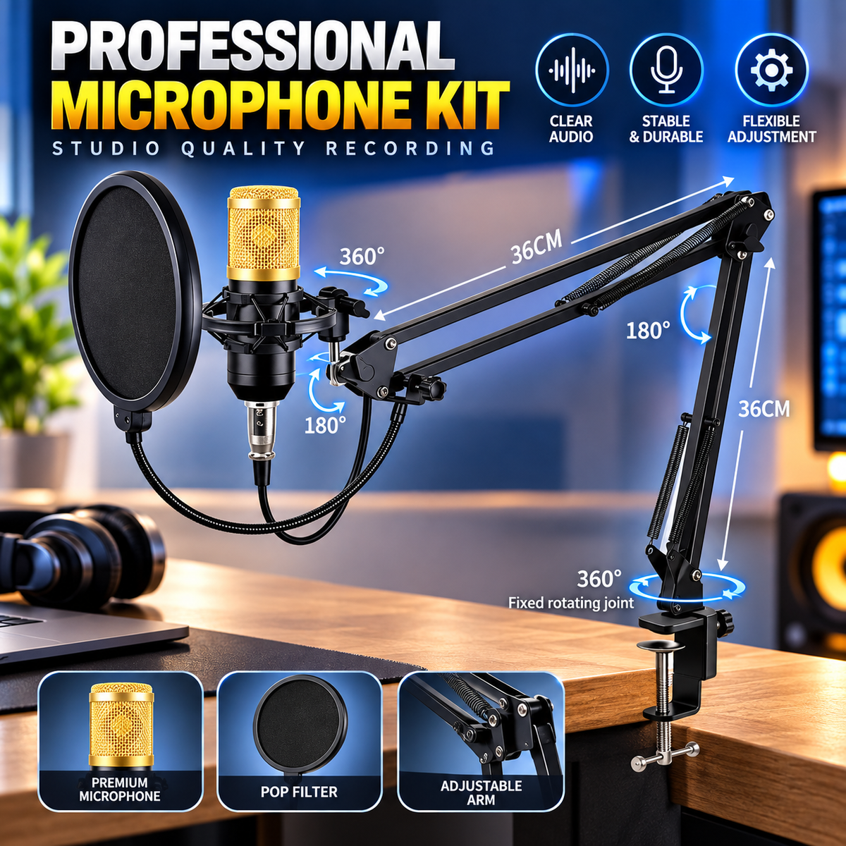 BM800 Condenser Microphone Studio Kit with Adjustable Boom Arm & Pop Filter