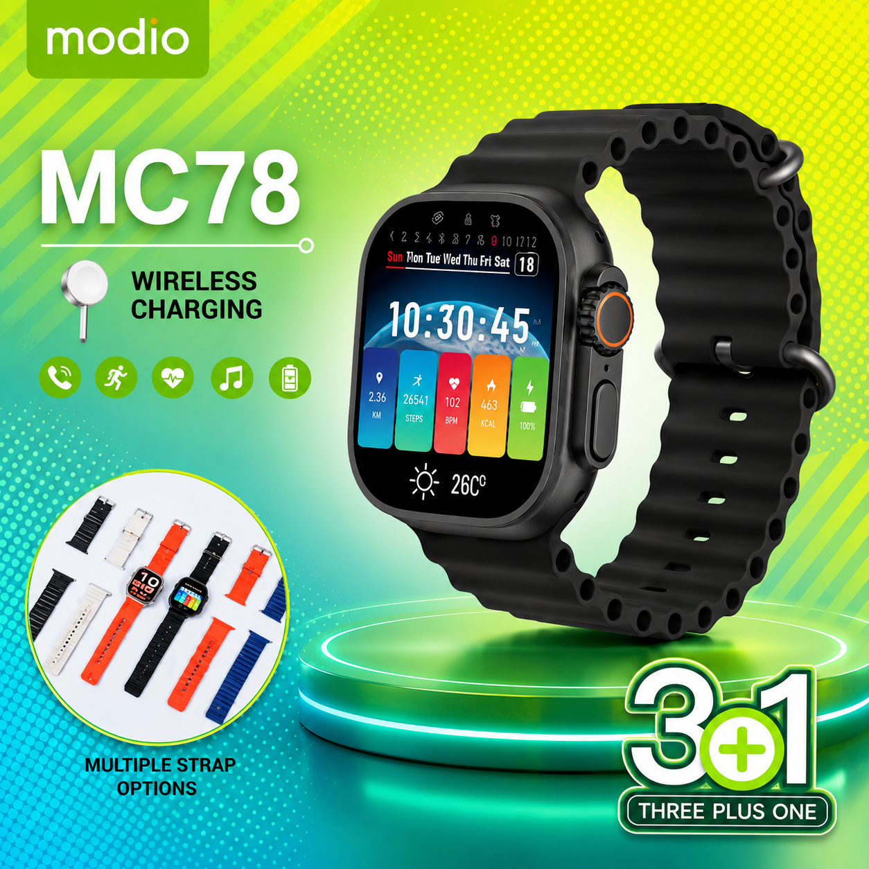 MODIO MC78 Smart Watch – 3+1 Strap Edition | Wireless Charging | Bluetooth Calling | Fitness Tracker