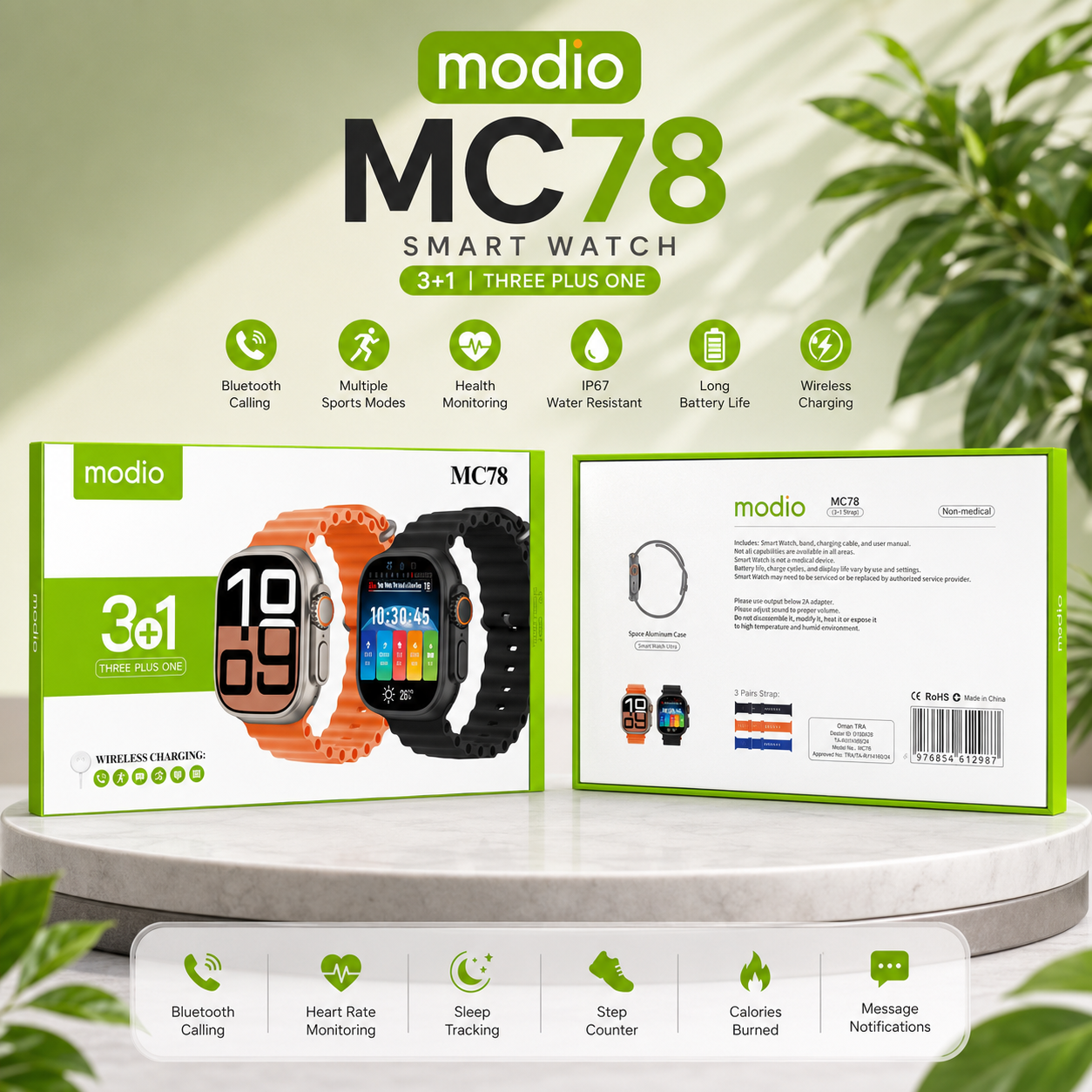 MODIO MC78 Smart Watch – 3+1 Strap Edition | Wireless Charging | Bluetooth Calling | Fitness Tracker