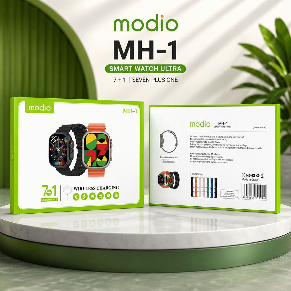 MODIO MH-1 Smart Watch Ultra (7+1 Straps) – 2.0" HD Display, Bluetooth Calling, Health Monitoring & Wireless Charging