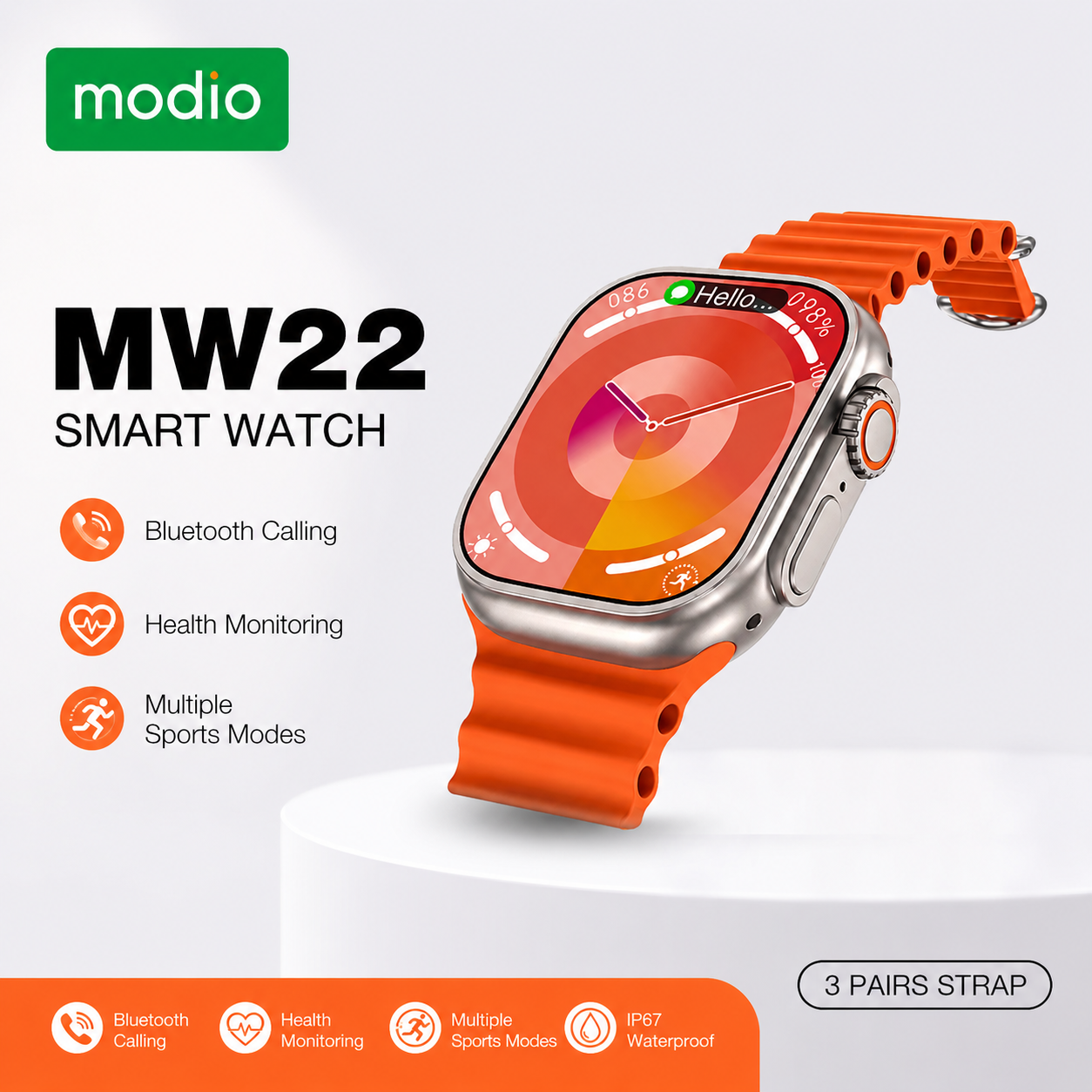 Modio MW22 Smartwatch 2.2 Inch Display With 3 Pair Straps and Charging Cable Designed for Ladies and Gents Gold