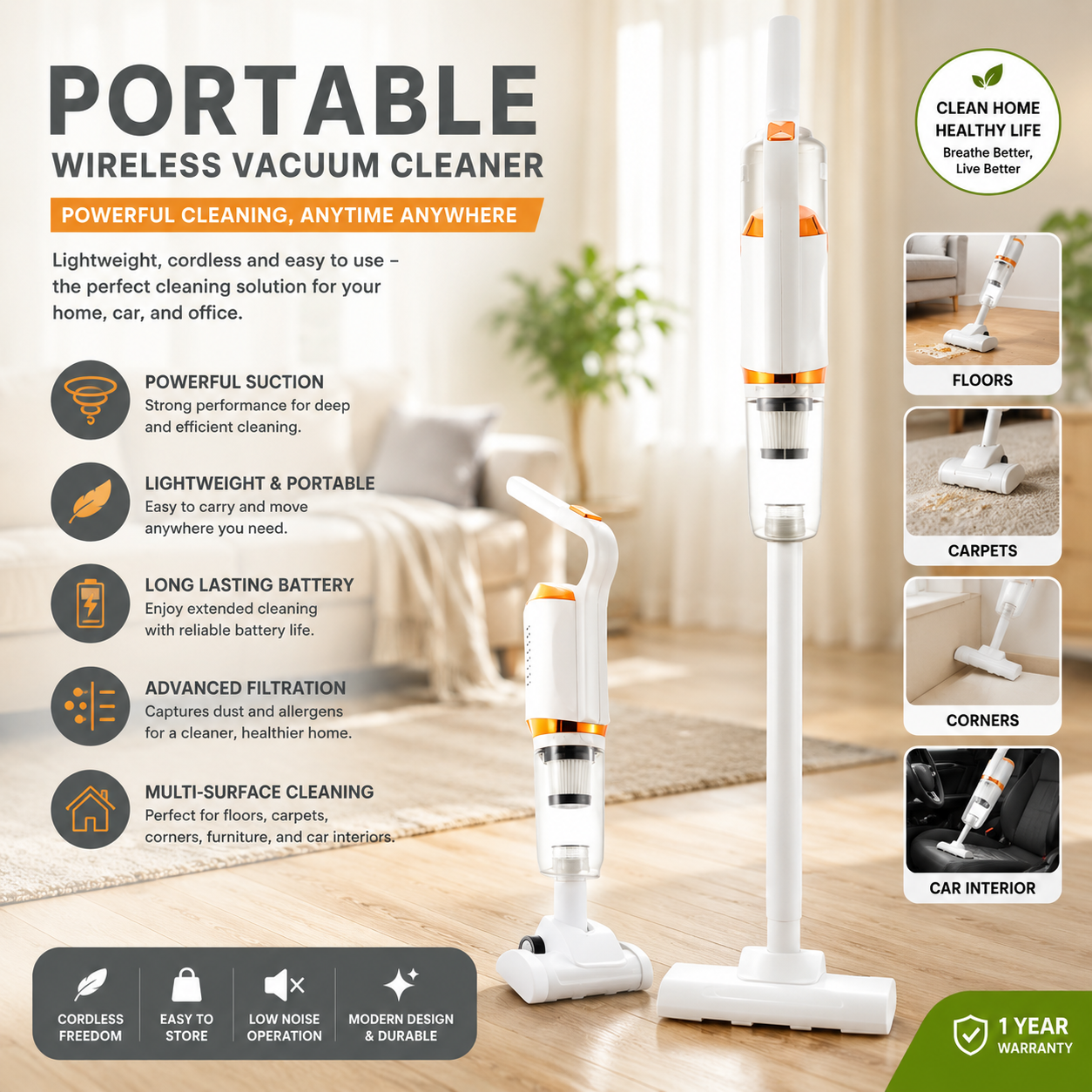 Portable Handheld Wireless Vacuum Cleaner, Corded, USB Rechargeable 120W Power, Lightweight Design 0.6L Capacity, Multifunction Cordless Vacuum Cleaner, White