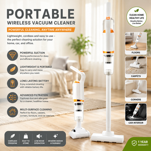 Portable Handheld Wireless Vacuum Cleaner, Corded, USB Rechargeable 120W Power, Lightweight Design 0.6L Capacity, Multifunction Cordless Vacuum Cleaner, White