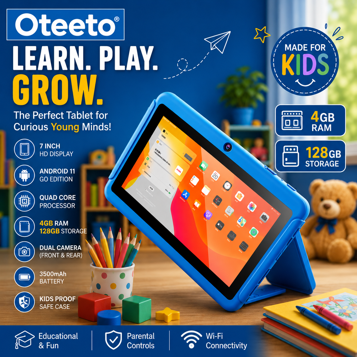 Oteeto Tab 4 Kids, 4GB RAM, 128GB ROM, 7-Inch IPS Display, 3000 mAh Battery, Toughened Glass, Android Kids 5G Wi-Fi Tablet - Blue