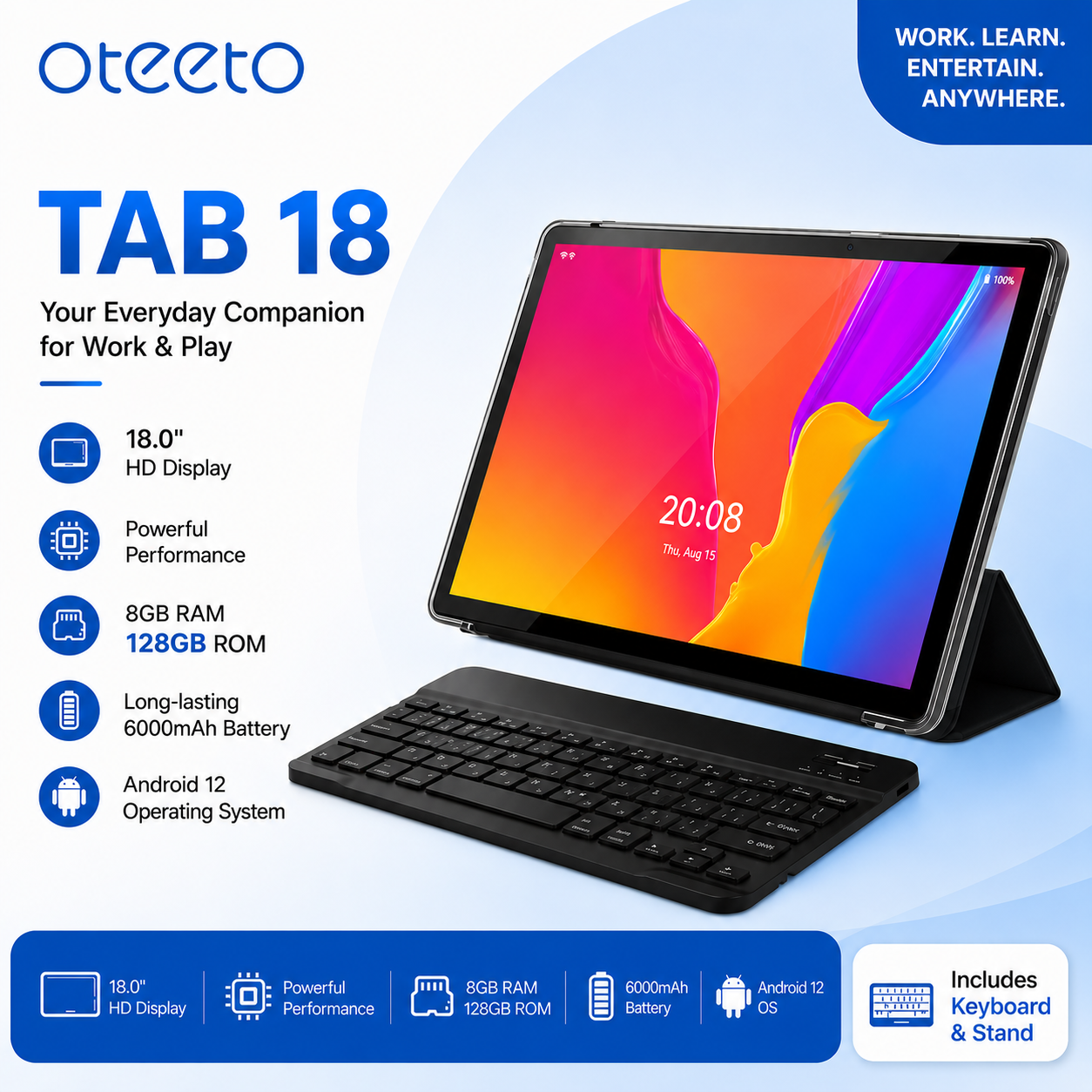 TAB 18 – 10.1-Inch HD Display | 8GB RAM + 128GB ROM | Android 15 | Octa-Core | 13MP + 8MP Camera | 8000mAh Battery | 4G LTE | Free Keyboard, Cover And Pen - Grey