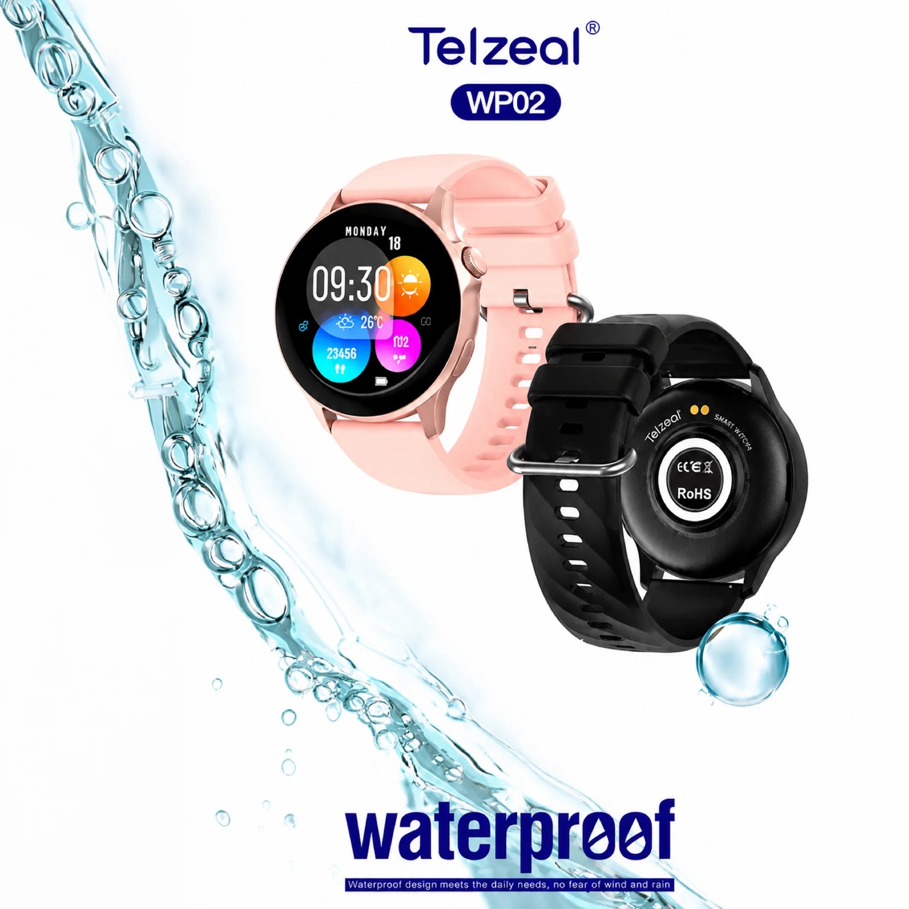 WP02 Waterproof Smartwatch – Fitness & Health Tracker | Heart Rate, Sleep, Multi-Sport, Call & App Notifications | Long Battery | IP68 Water Resistant