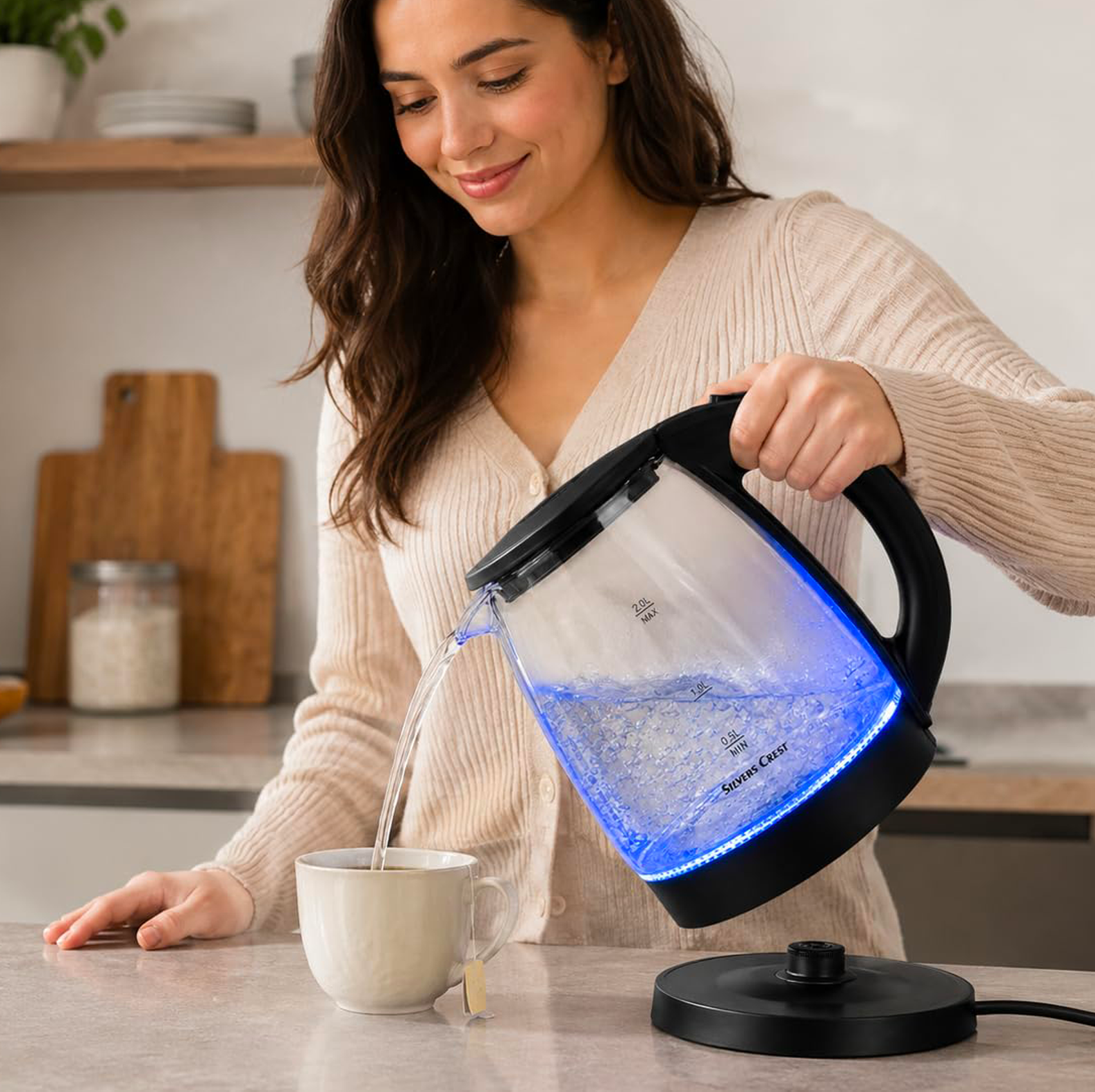 SLIVERS CRIESTCrest Electric Glass Kettle, 2L, Blue LED, 1500W, Auto Shut-Off, Transparent, Fast Boiling for Tea & Coffee