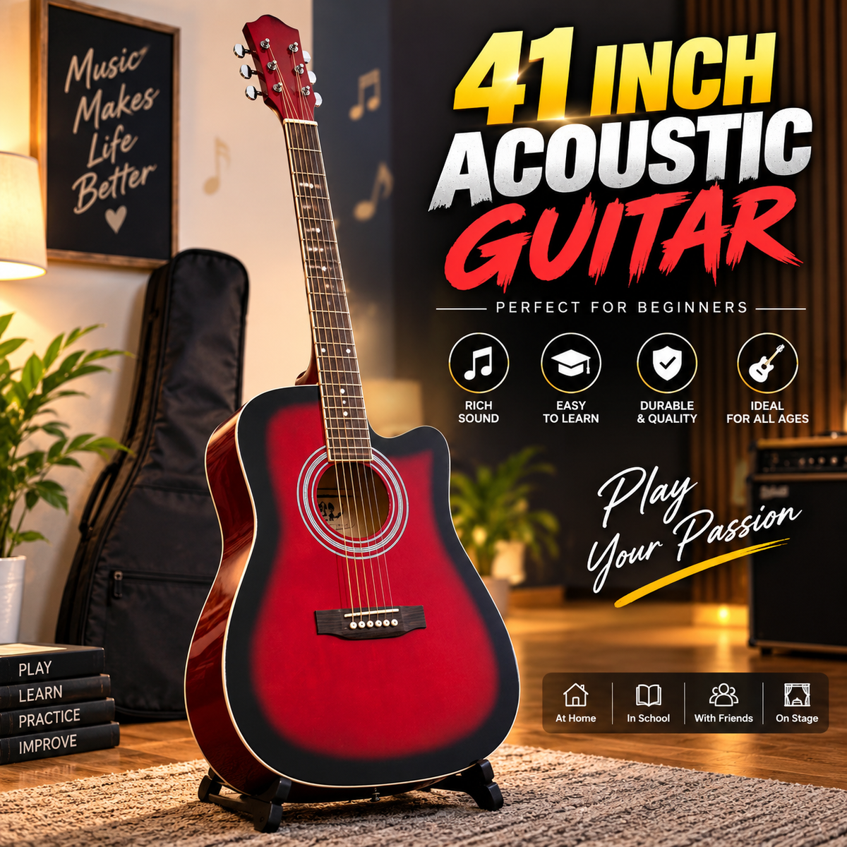 41 Inch Professional l Acoustic Guitar – Full Size Beginner Guitar with Carry Bag & Accessories