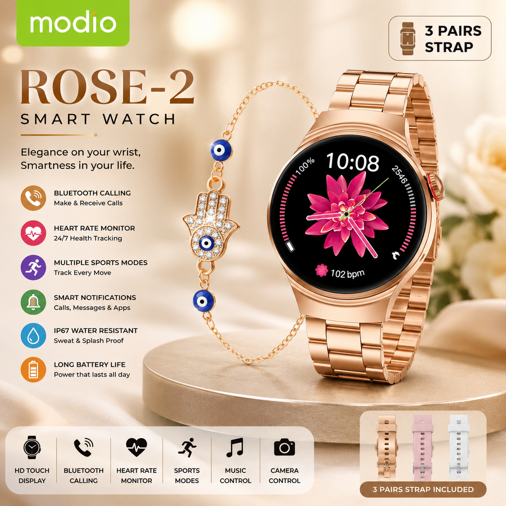 MODIO ROSE-2 Smart Watch for Women – Bluetooth Calling, HD Touch Display, Health Monitoring & 3 Stylish Straps