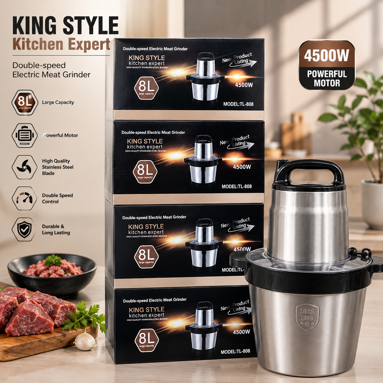 King Style 8L TDL-G02 Commercial Electric Food Chopper | 100% Copper Motor | Stainless Steel Bowl | 8L Large Capacity