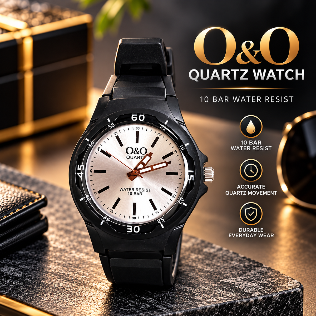 O&O Quartz Men's Analog Sports Watch – Water Resistant, Luminous Dial, Silicone Strap