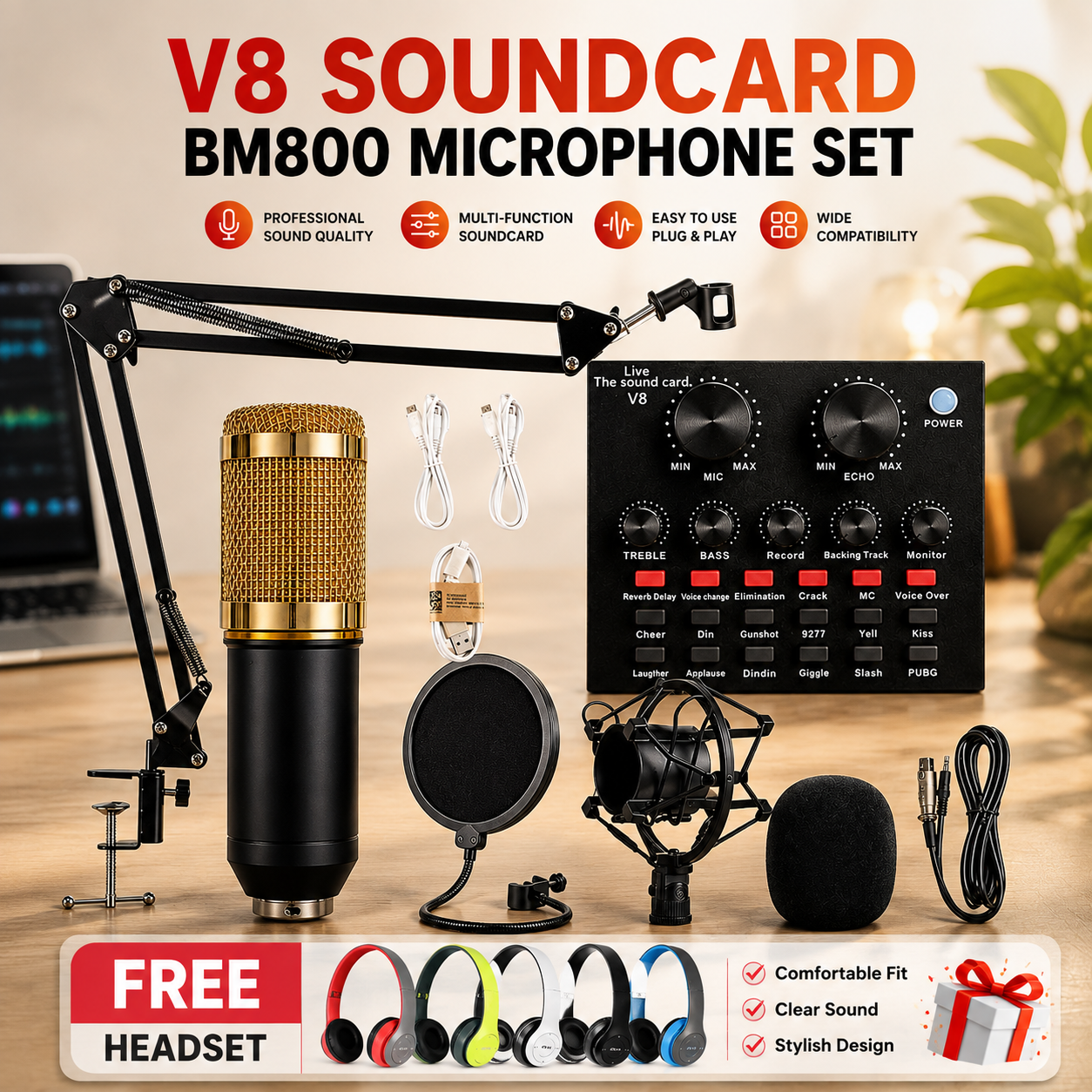 Combo Offer | V8 Sound Card+ BM800 Condenser Microphone -Set with Free P47 Headset Bundle Pack