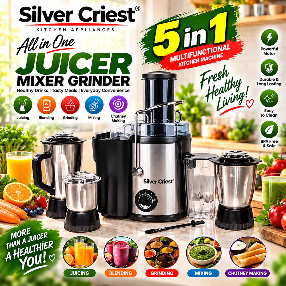 Silver Criest 5-in-1 Stainless Steel Juicer Extractor  SC777s | Blender Mixer Grinder Juicer Machine - Food Processor, Smoothie Maker, Portable Hand Blender, Mini Blender, Heavy Duty Kitchen Aid Mixer, Electric Juice Blender