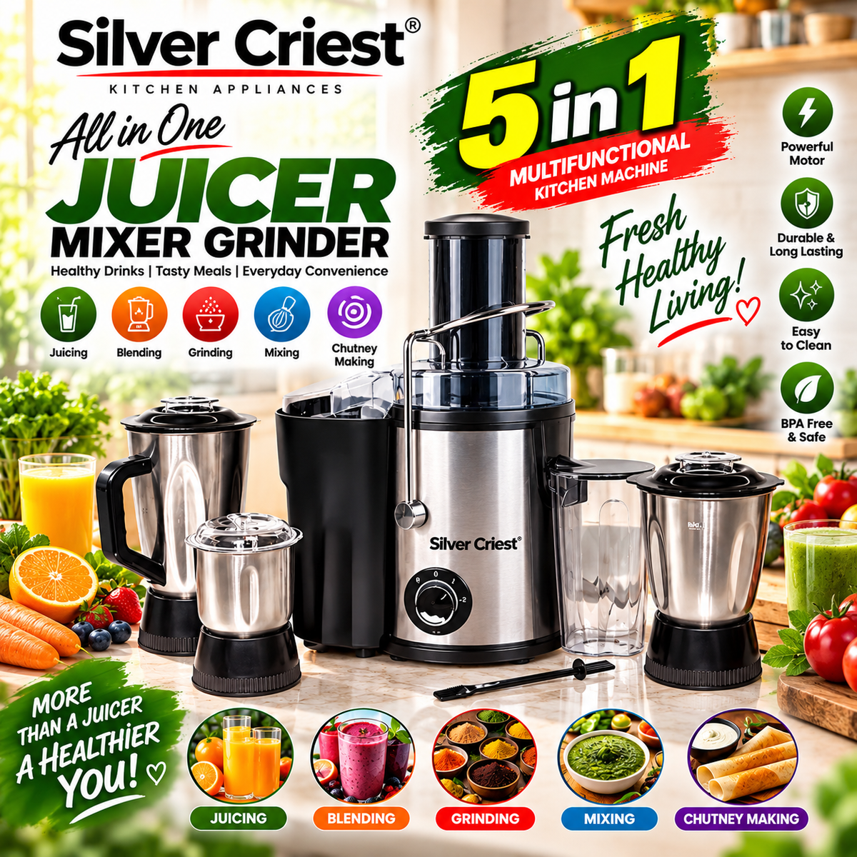 Silver Criest 5-in-1 Stainless Steel Juicer Extractor  SC777s | Blender Mixer Grinder Juicer Machine - Food Processor, Smoothie Maker, Portable Hand Blender, Mini Blender, Heavy Duty Kitchen Aid Mixer, Electric Juice Blender