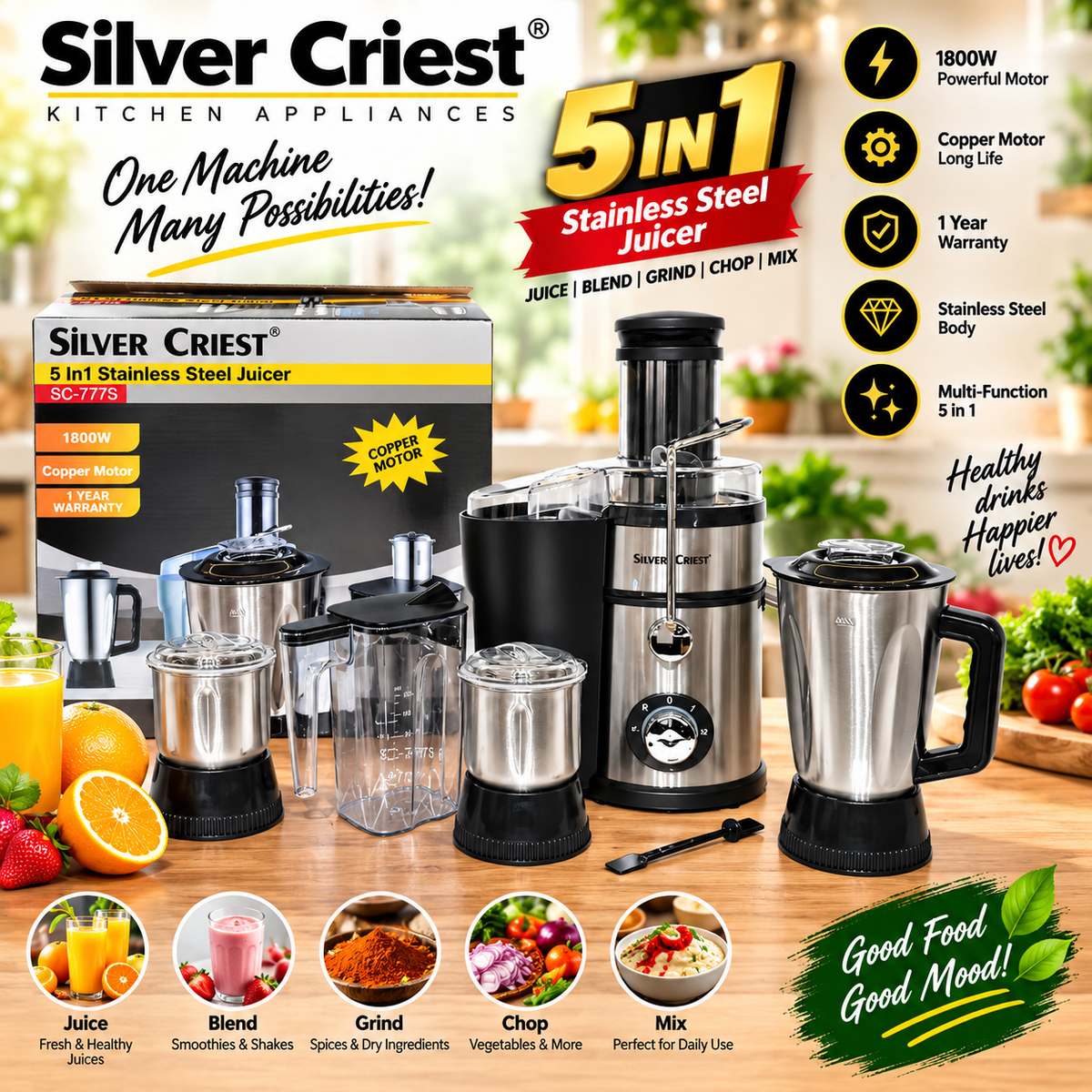 Silver Criest 5-in-1 Stainless Steel Juicer Extractor  SC777s | Blender Mixer Grinder Juicer Machine - Food Processor, Smoothie Maker, Portable Hand Blender, Mini Blender, Heavy Duty Kitchen Aid Mixer, Electric Juice Blender