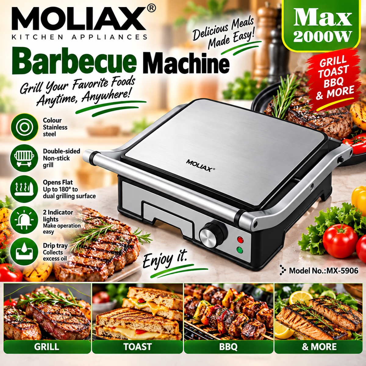 MOLIAX MX-5096 Barbecue Machine & Electric Grill | Non-Stick Grill & Sandwich Maker, Home Kitchens with Flat Opening and Amazing Features.