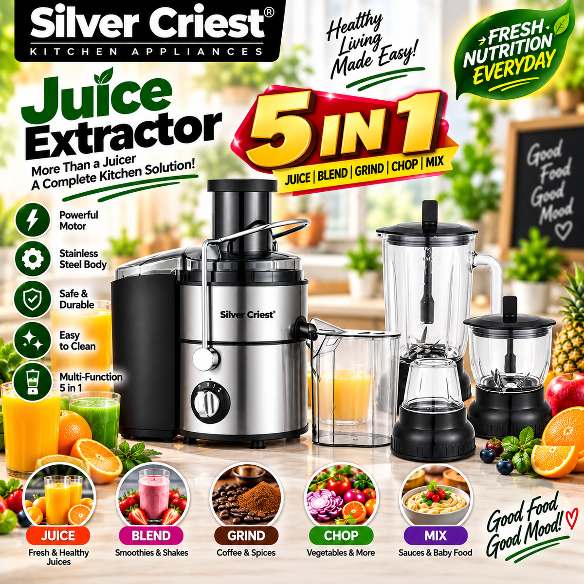 Silver Criest 5-in-1 Stainless Steel Juicer Extractor  SC777s | Blender Mixer Grinder Juicer Machine - Food Processor, Smoothie Maker, Portable Hand Blender, Mini Blender, Heavy Duty Kitchen Aid Mixer, Electric Juice Blender