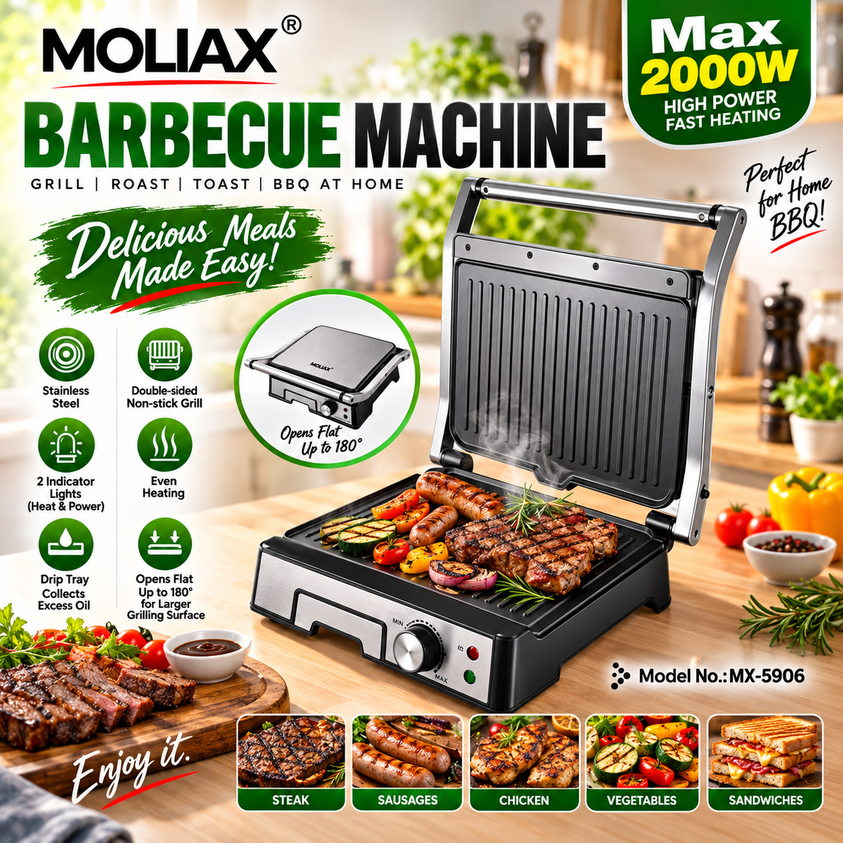 MOLIAX MX-5096 Barbecue Machine & Electric Grill | Non-Stick Grill & Sandwich Maker, Home Kitchens with Flat Opening and Amazing Features.
