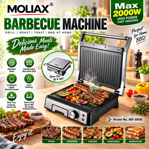 MOLIAX MX-5096 Barbecue Machine & Electric Grill – Non-Stick Grill & Sandwich Maker, Home Kitchens with Flat Opening