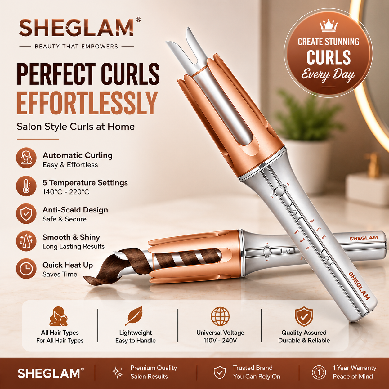 SHEGLAM Automatic Curling Iron 1 inch with 3 Temperatures Fast Heating, 2-Way Rotation, Automatic Shut-Off, Anti-Scald, Anti-Tangle Rotating for Hair Styling