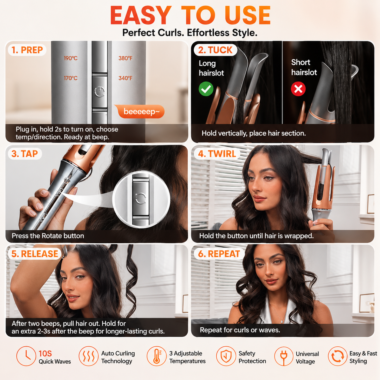 SHEGLAM Automatic Curling Iron 1 inch with 3 Temperatures Fast Heating, 2-Way Rotation, Automatic Shut-Off, Anti-Scald, Anti-Tangle Rotating for Hair Styling