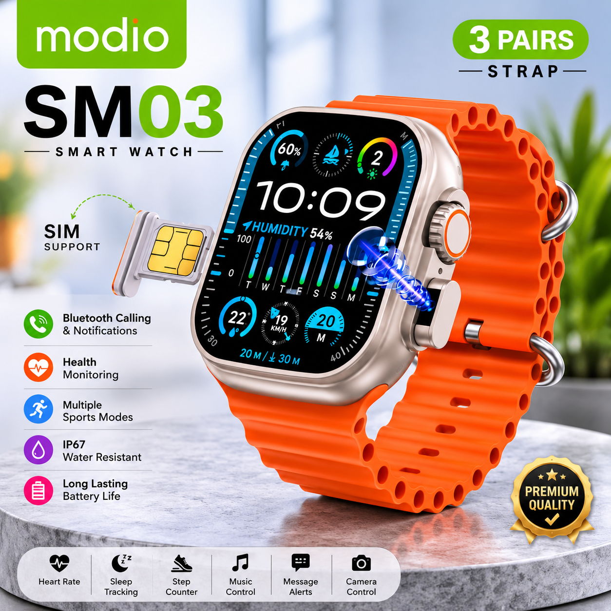 Combo Deal | Modio SM03 & SM05 Smart Watch Combo – 2 Watches with SIM Support & 6 Straps