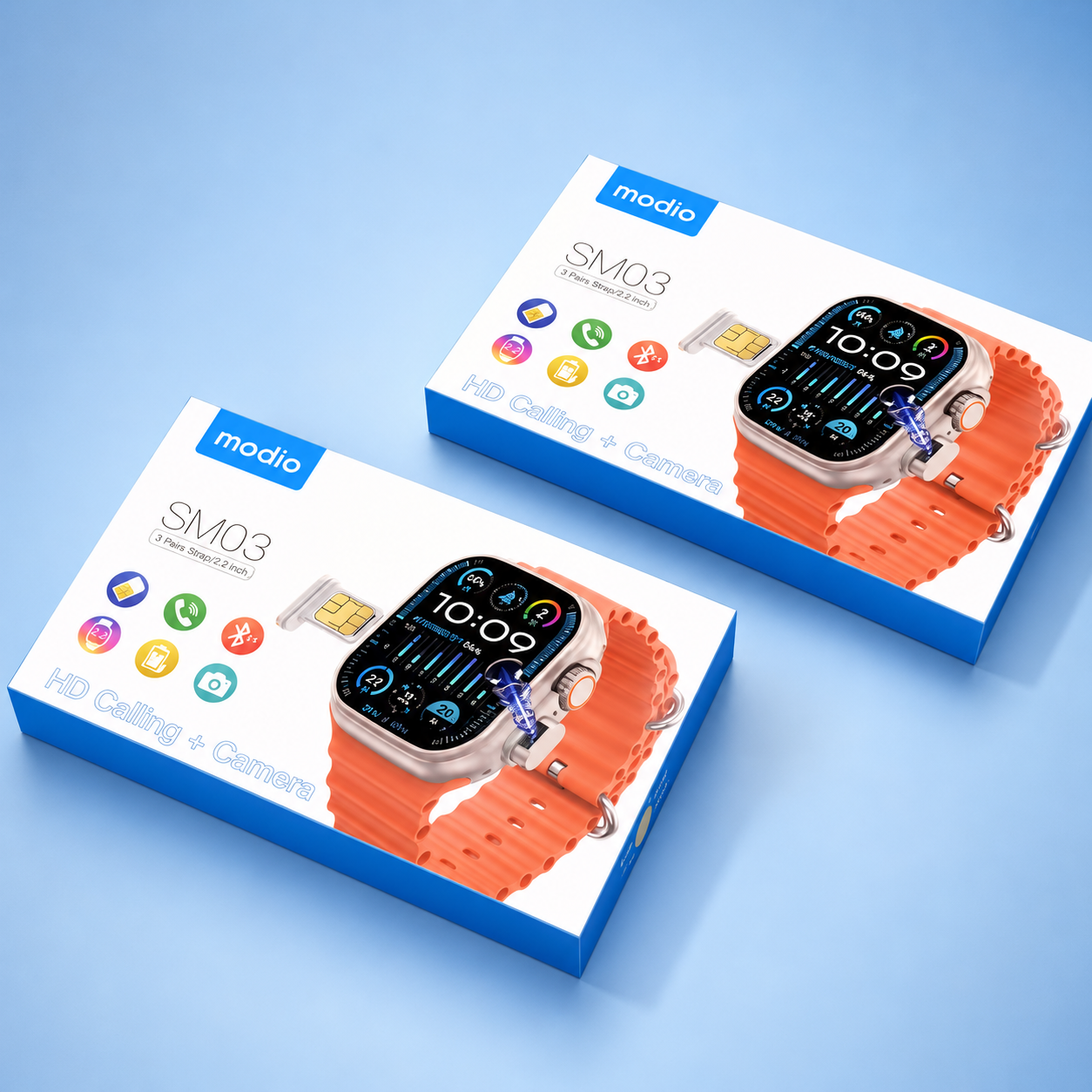 MODIO SM03 Smart Watch – 4G SIM Support, Bluetooth Calling, 2.0" HD Display, Health Monitoring & 3 Strap Set