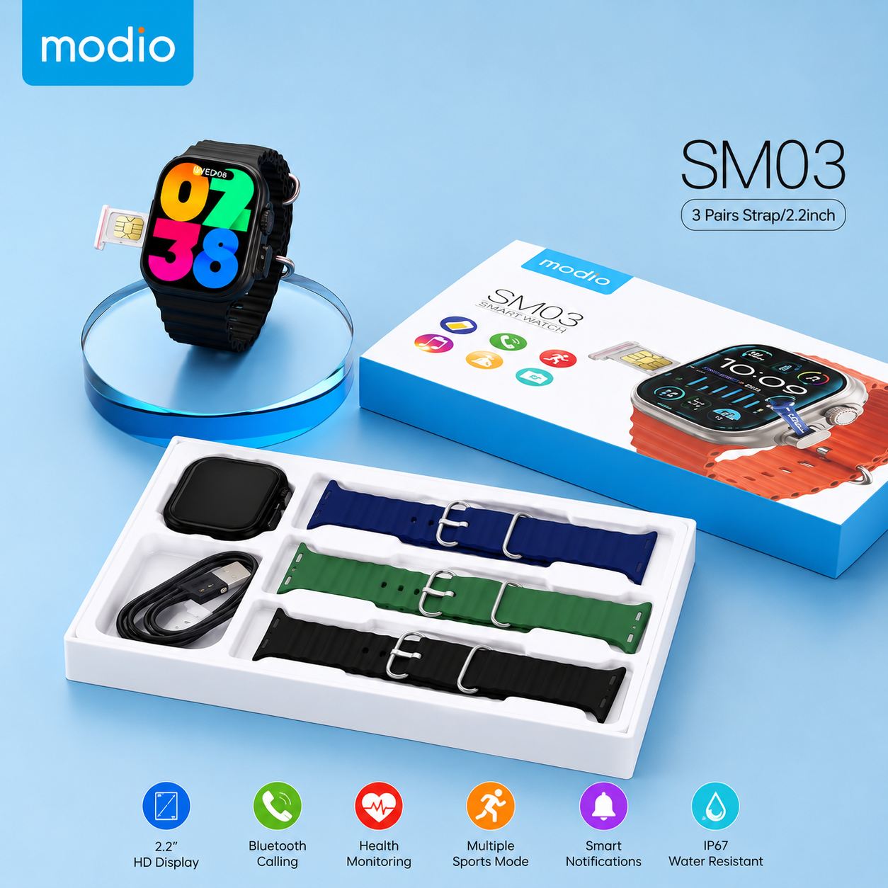 MODIO SM03 Smart Watch – 4G SIM Support, Bluetooth Calling, 2.0" HD Display, Health Monitoring & 3 Strap Set