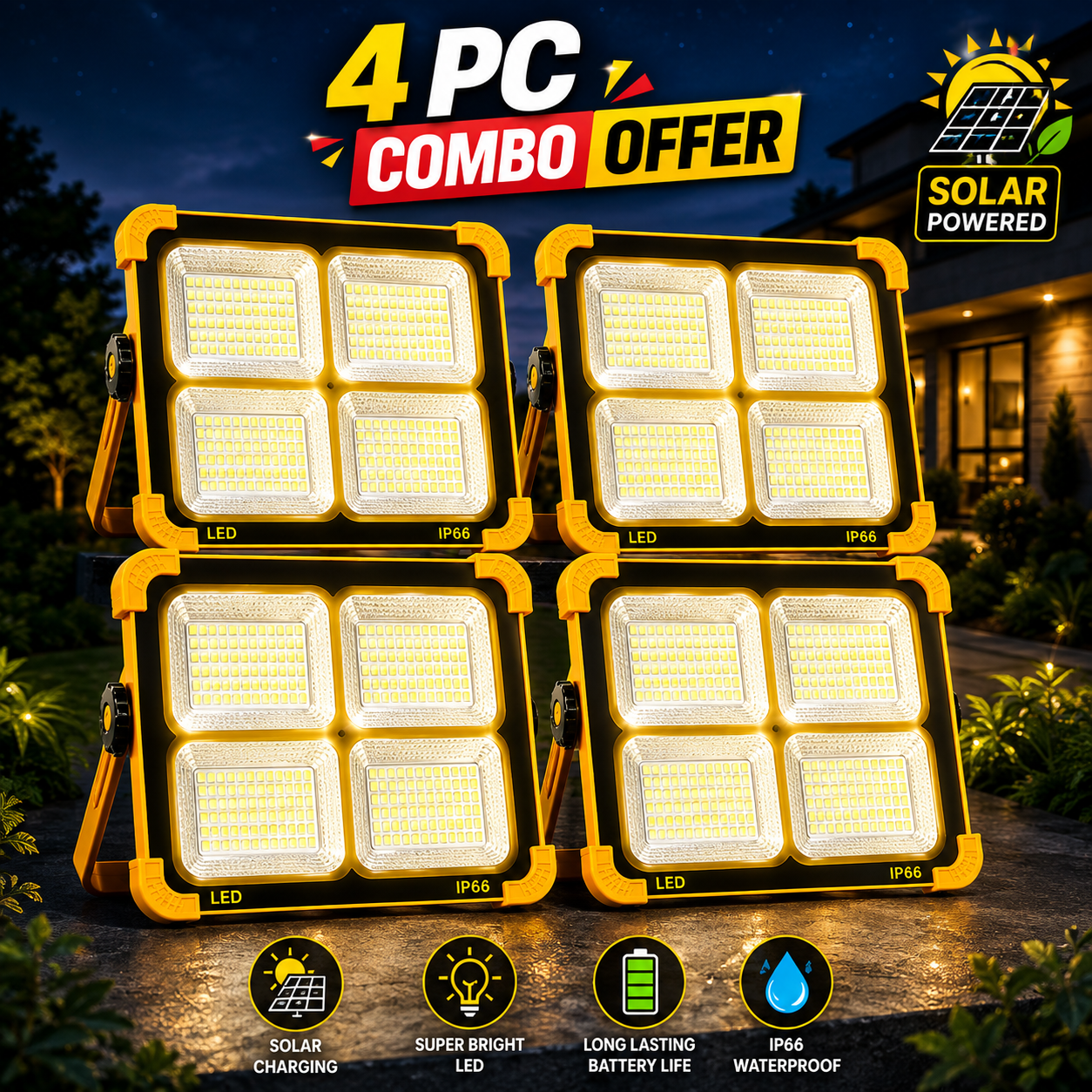 4PCS Solar LED Flood Light Combo | Rechargeable Portable Work Lights | IP66 Waterproof | USB Power Bank | Outdoor Emergency Camping Lights