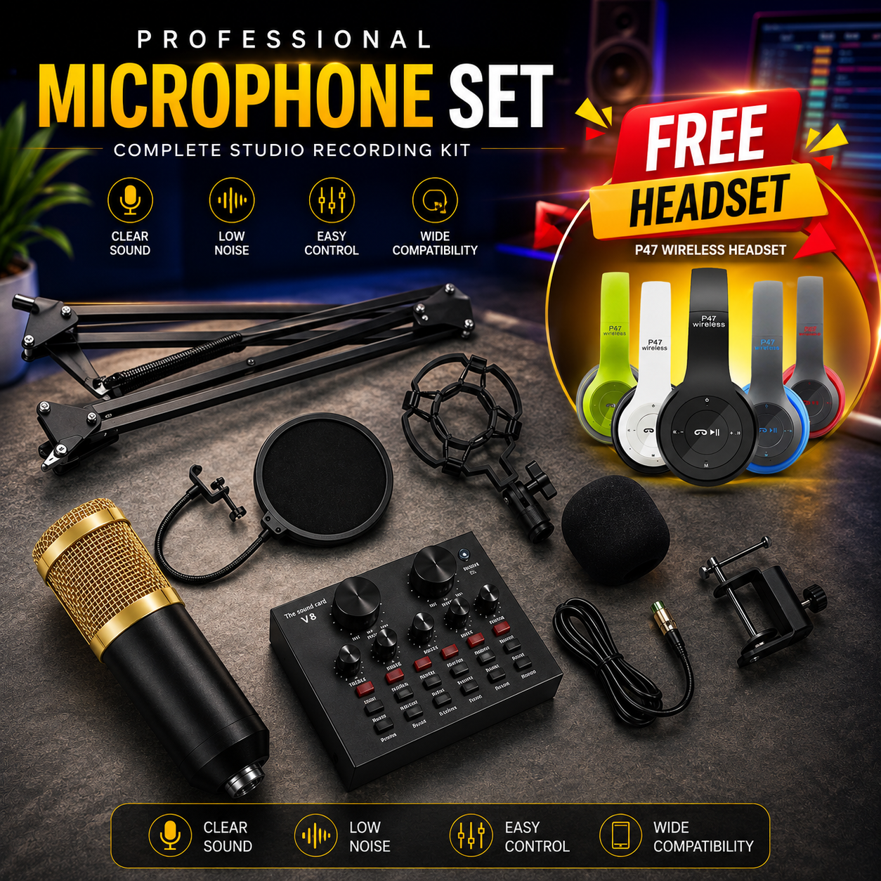 Combo Offer | V8 Sound Card+ BM800 Condenser Microphone -Set with Free P47 Headset Bundle Pack