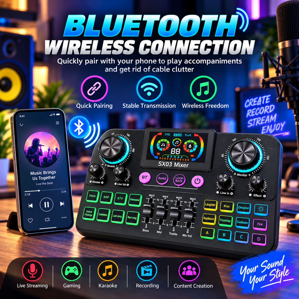 SX03 Professional Bluetooth Live Soundcard |Ultimate Wireless Audio Mixer for Singing, Karaoke, Gaming & Streaming