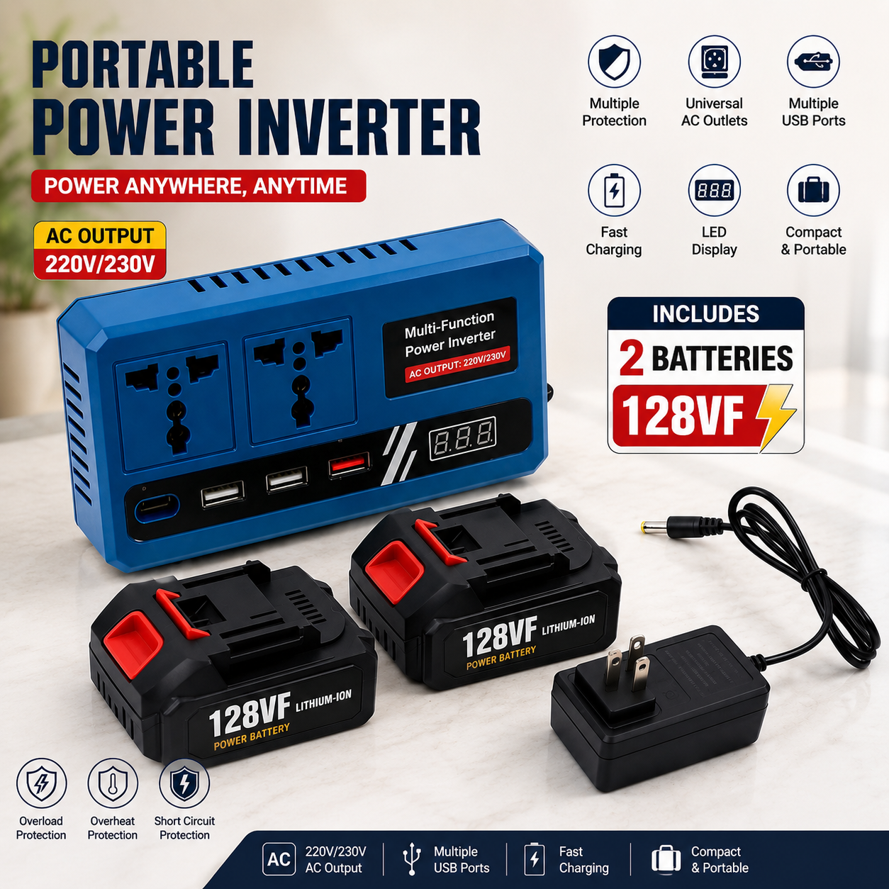 Cordless Power Station 128V – Portable Lithium-Ion Battery Inverter with USB, AC & Type-C Outputs (With 2 Battery)