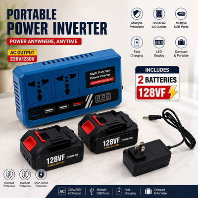 Cordless Power Station 128V – Portable Lithium-Ion Battery Inverter with USB, AC & Type-C Outputs (With 2 Battery)