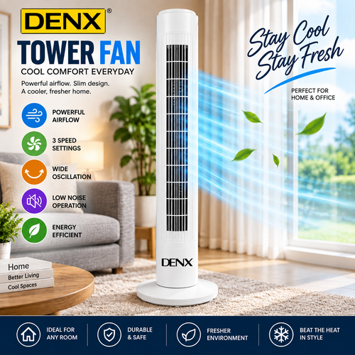 Denx DX2664 Bladeless Tower Fan, 40W, 3 Speed Levels, Wide Oscillation, Portable Design, Safe for All Ages, 220-240V, Energy