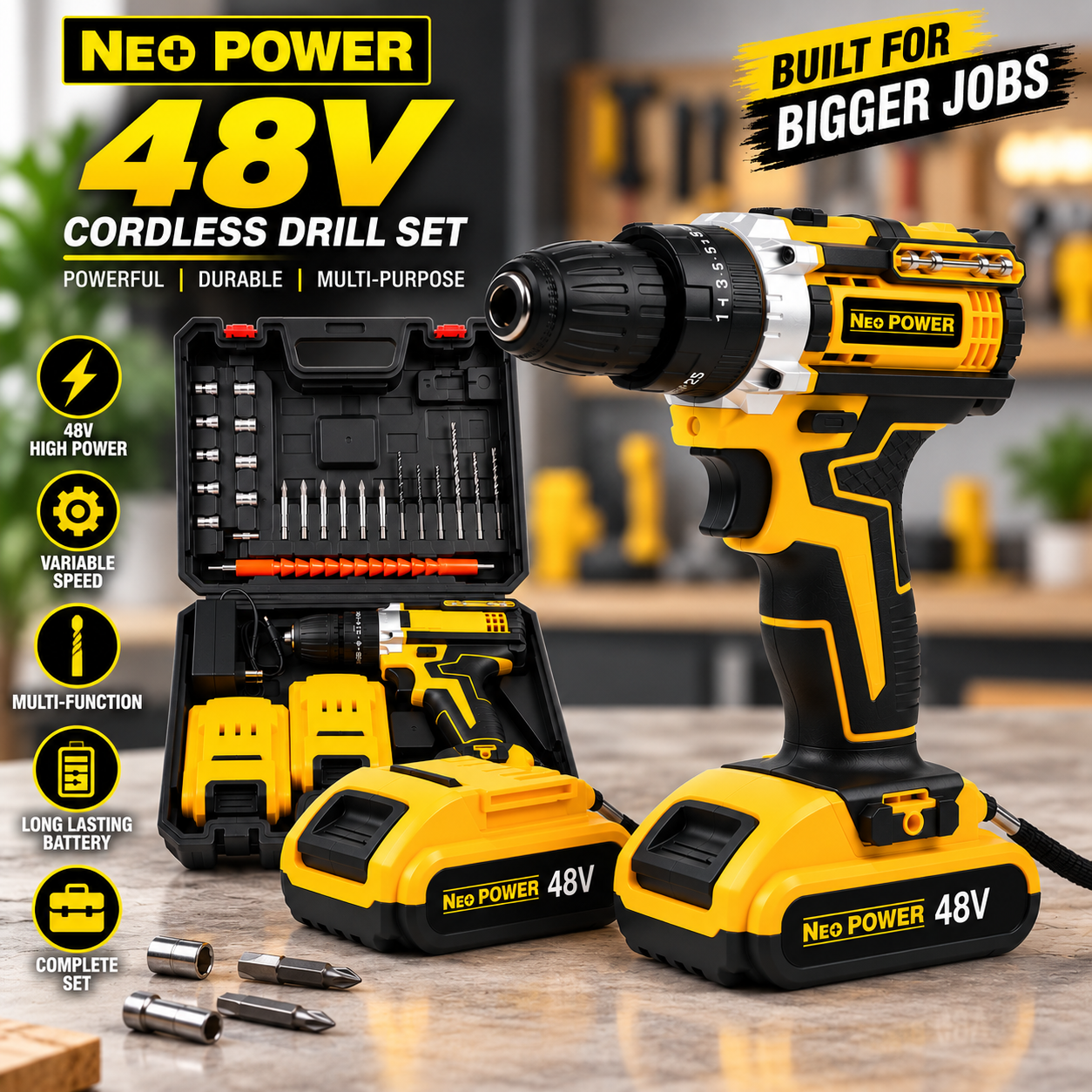 Neo Power 48V Cordless Power Drill Set – 2 Batteries, Charger & 28-Piece Tool Kit | Germany Technology